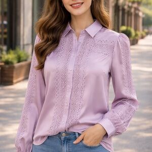 Peach Brand Lavender Lace Trim Button Front Blouse — Women’s Size L